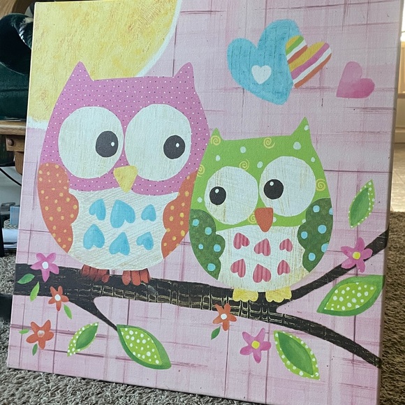 Charming Pink and Green Owl Painting Art - Picture 1 of 4